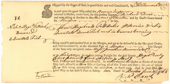 1763 John Hancock Handwritten Receipt (University Archives LOA)